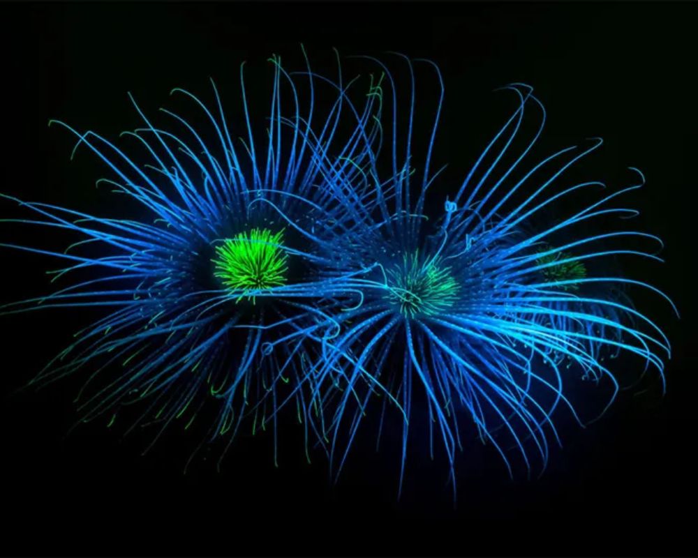 Anemone fuochi d'artificio (Pachycerianthus multiplicatus) che mostra fluorescenza nel Loch Fyne, Scozia, Regno Unito. Queste creature vivono in acque estremamente tranquille e sono sensibili al minimo movimento: se disturbate, si ritirano rapidamente. Foto di Dan Bolt, finalista dei British Wildlife Photography Awards.