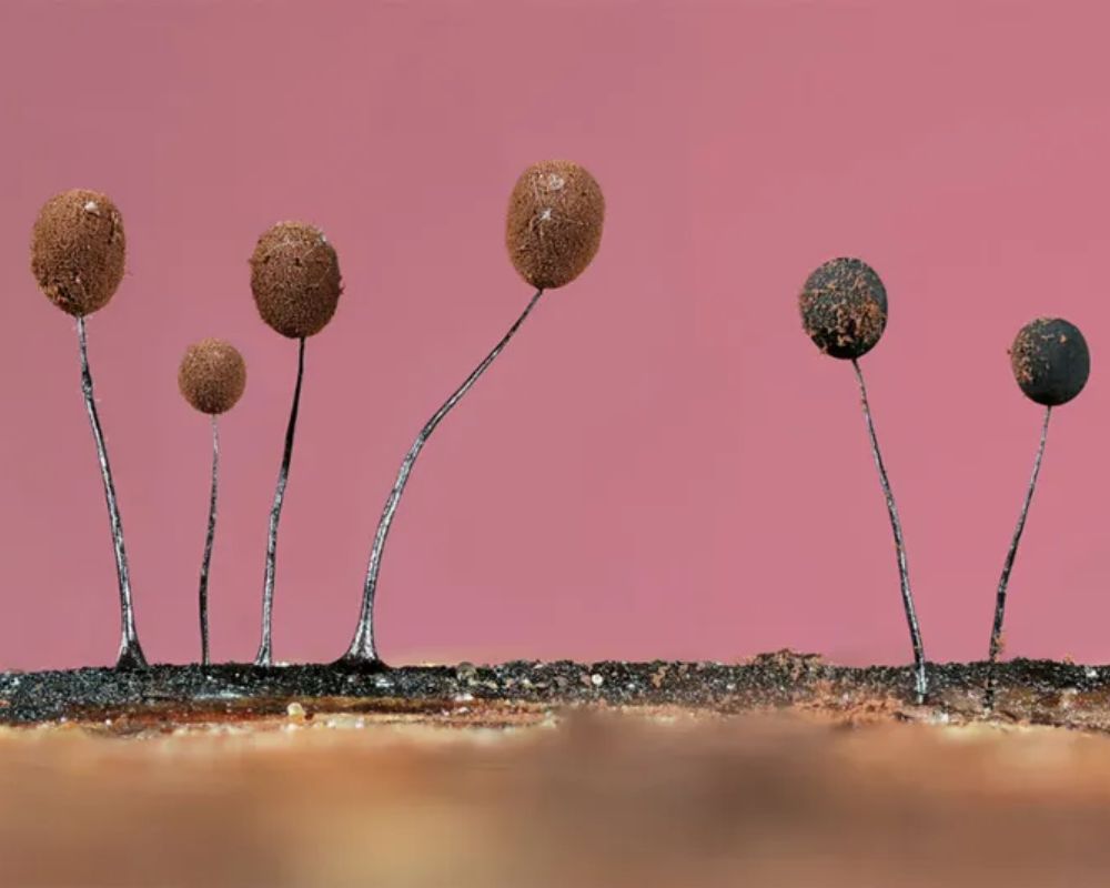 Un gruppo di muffe mucillaginose (Comatricha nigra) fotografato a Essex, Inghilterra, Regno Unito. Ogni testa di questi corpi fruttiferi è larga circa 1mm. Foto di Jason McCombe, vincitore della categoria Botanica Britannica dei British Wildlife Photography Awards.